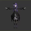 Woman With Long Purple Hair In Black Frilled Dress And Flower Headpiece Stretching Arms