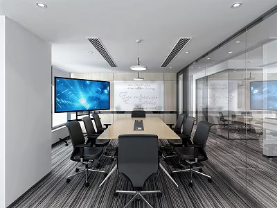 Modern Conference Room Interior With Long Table Black Chairs Large Screen Glass Walls And Whiteboard 3d model