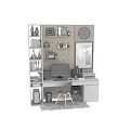 Modern Desk And Chair Set With Computer Monitor Wall Shelves Clock And Decorative Painting