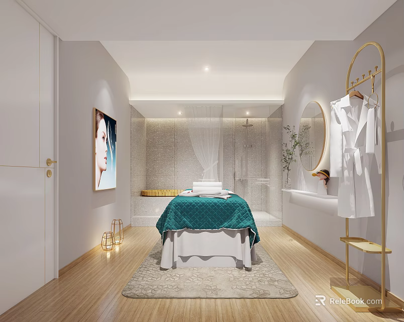 SPA Sauna Interior Featuring Massage Bed Green Blanket White Robes Golden Rack And Wooden Floor 3d model 