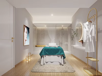 SPA Sauna Interior Featuring Massage Bed Green Blanket White Robes Golden Rack And Wooden Floor 3d model