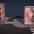 3D Rendered Urban Townhouses Architectural Styles Red Brick Black Fire Escapes Arched Windows Street Elements