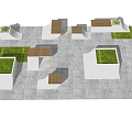Residential Landscape Design With Gray Paving Square Planters Green Grass And Wooden Benches