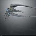 Futuristic Cosmic Spaceship with Long Curved Appendages Blue Glowing Elements and Yellow Accents