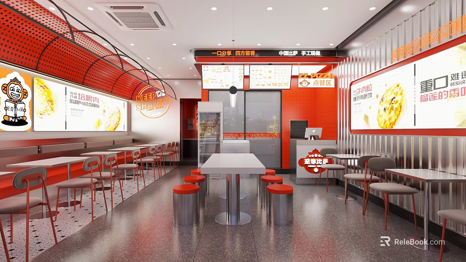 Vibrant Red Restaurant Interior With White Tables Orange Stools And Digital Menu Screens 3d model 
