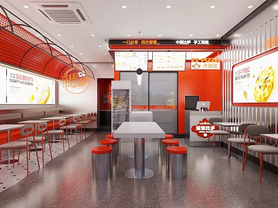 Vibrant Red Restaurant Interior With White Tables Orange Stools And Digital Menu Screens 3d model