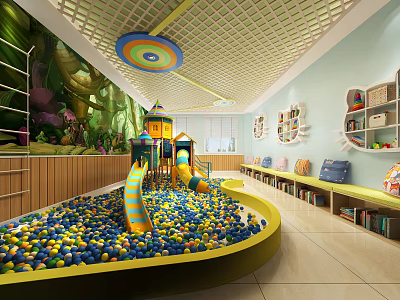 Kindergarten Indoor Play Area With Colorful Ball Pit Slide Wall Decorations And Bookshelves 3d model
