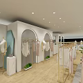 Spacious Modern Clothing Store Interior With Gold Racks White Mannequins And Green Plants