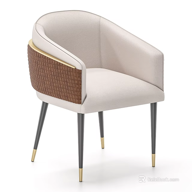 Modern Beige Dining Chair with Brown Woven Backrest Gold Accents and Black Legs 3d model 