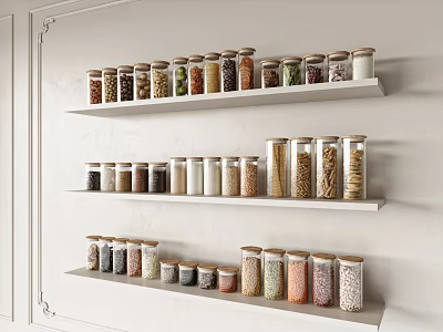 Variety Of Spice Jars Neatly Arranged On Kitchen Wall Shelves 3d model