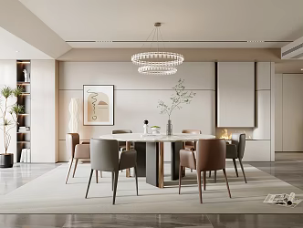 Home Dining Room Dining Table and Chair Combination Round Table Chandelier Hanging Painting Sculpture Potted Plant Decoration 3d model