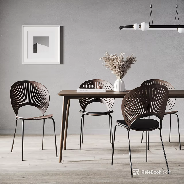 Modern Wooden Dining Table Set With Slatted Backrest Chairs White Vase Dried Flowers Gray Wall 3d model 
