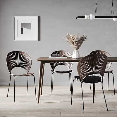 Modern Wooden Dining Table Set With Slatted Backrest Chairs White Vase Dried Flowers Gray Wall 3d model