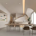 Modern Café Interior Design With Spiral Staircase Soft Lighting White Tone Curved Design And Tables