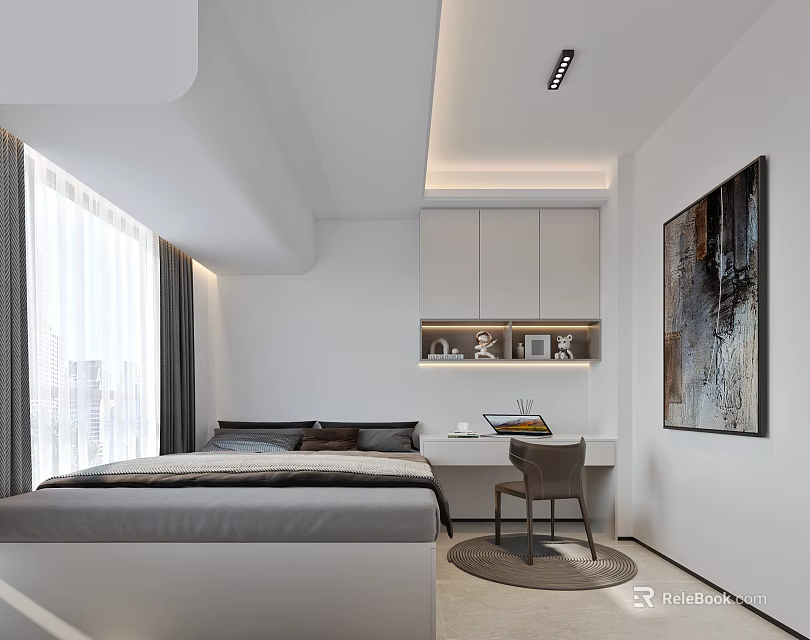 Modern Tatami Bedroom Interior Design With Bed Desk Chair Decorative Artwork Cabinet And White Curtains 3d model 