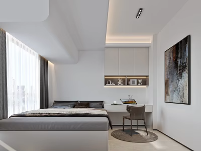 Modern Tatami Bedroom Interior Design With Bed Desk Chair Decorative Artwork Cabinet And White Curtains 3d model