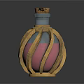 Ornate Glass Bottle With Golden Metal Frame Red Decorative Patterns And Cork Stopper