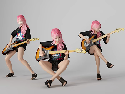 Pink Haired Woman Playing Electric Guitar In Three Different Poses With Black Outfit 3d model