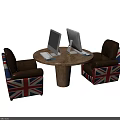 Wooden Round Table And Brown Chairs Set With Union Jack Pattern And Computer Monitors 3d model