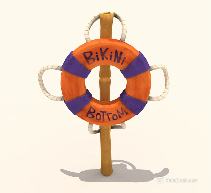 Colorful Bikini Bottom Lifebuoy With Orange Purple Rings On Wooden Pole 3d model 