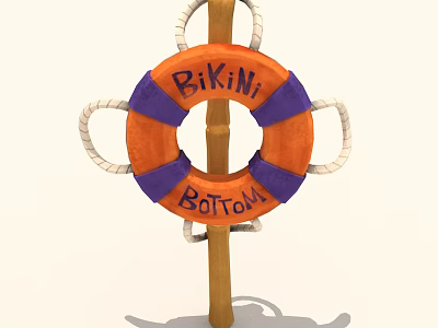 Colorful Bikini Bottom Lifebuoy With Orange Purple Rings On Wooden Pole 3d model