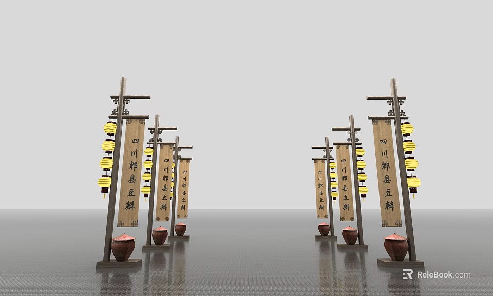 Ancient Town Entrance With Wooden Archways Chinese Lanterns Red Vases And Plaques 3d model 