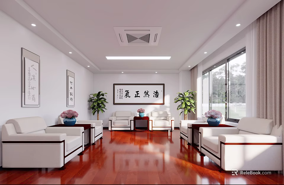 Chinese Style Conference Room Interior With Calligraphy Artworks White Sofas Mahogany Flooring And Green Plants 3d model 