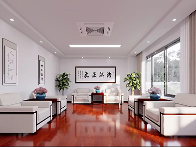 Chinese Style Conference Room Interior With Calligraphy Artworks White Sofas Mahogany Flooring And Green Plants 3d model