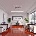 Chinese Style Conference Room Interior With Calligraphy Artworks White Sofas Mahogany Flooring And Green Plants