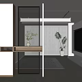 Modern Hallway With Wooden Console Table Vase Green Plant Metal Screen And Living Room View