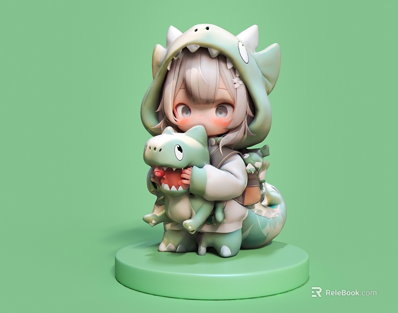 Decorative Figurine Set of Girl in Dinosaur Hoodie Holding Small Dinosaur Doll on Green Base 3d model 