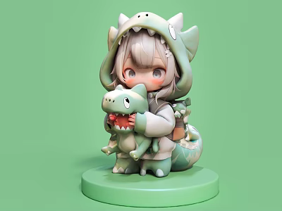 Decorative Figurine Set of Girl in Dinosaur Hoodie Holding Small Dinosaur Doll on Green Base 3d model