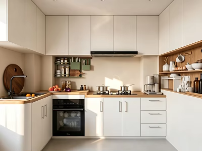 Modern Kitchen Interior With White Cabinets Wooden Countertops Oven Stove And Utensils 3d model