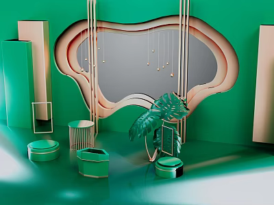 Modern Green Interior Decor With Geometric Shapes Mirror Tropical Plants And Accents 3d model