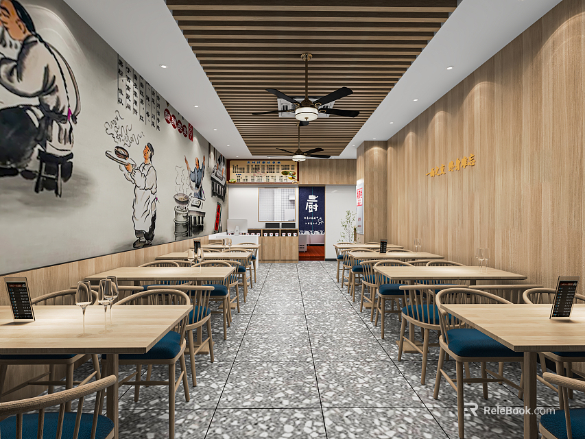 Traditional Restaurant Interior With Wooden Walls Mural Tables Chairs Ceiling Fan And Patterned Tile Floor 3d model 