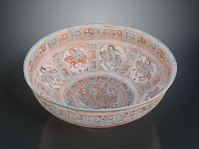 Intricately Carved Decorative Bowl With Colorful Figure Patterns And Detailed Designs 3d model