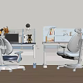 Two Kids Desks with Matching Chairs Bookshelf Toys and Books in Light Room Setting
