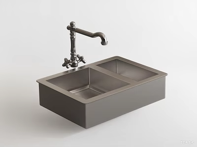 Dark Gray Double Bowl Kitchen Sink With Vintage Style Faucet And Matte Finish 3d model