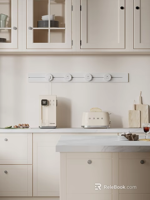 Modern White Kitchen Cabinets With Marble Countertop Appliances Wall Rail And Chopping Boards 3d model 