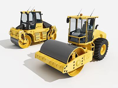 Two Yellow Road Rollers Functional Construction Equipment With Large Drums 3d model
