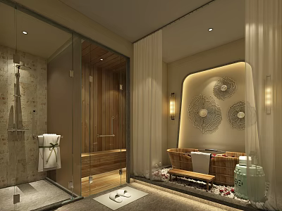 Luxurious Modern Shower And Sauna Interior Design With Glass Partition Wooden Accents And Bathtub 3d model
