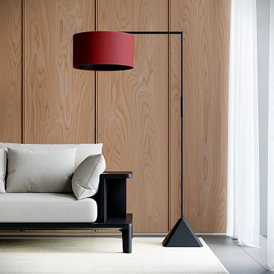 Stylish Floor Lamp With Red Shade In Modern Interior With Wooden Wall And Sofa Pillows 3d model
