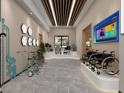 Rehabilitation Equipment Showroom With Wheelchairs Walkers Hexagonal Decor And Large Screen TV 3d model
