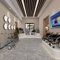 Rehabilitation Equipment Showroom With Wheelchairs Walkers Hexagonal Decor And Large Screen TV