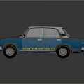 Vintage Blue Sedan with Beige White Top and Yellow Lettering Decals Worn Retro Exterior Design