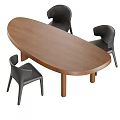 Oval Walnut Wood Dining Table Set With Modern Black Chairs And Sturdy Legs