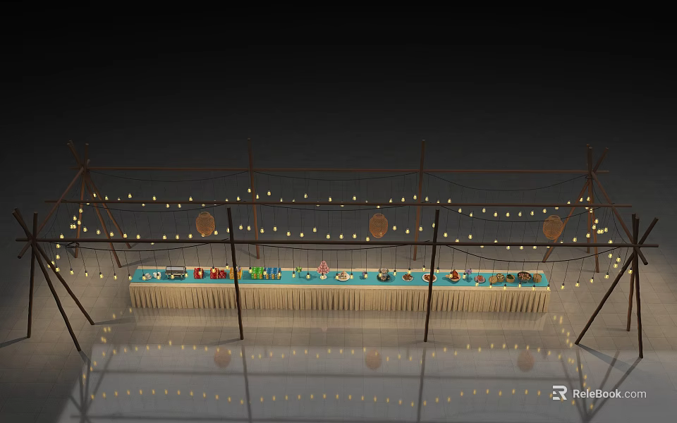 Tea Break Area With Long Table String Lights And Snacks Display Setup 3d model 