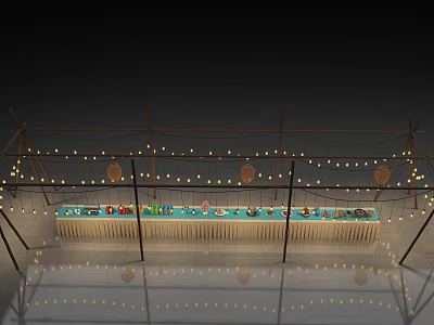 Tea Break Area With Long Table String Lights And Snacks Display Setup 3d model