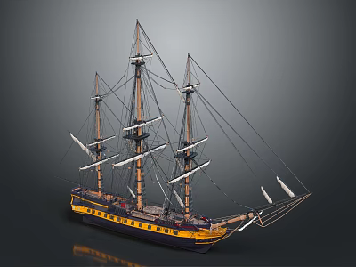Three Mast Sailing Ship Model With Detailed Yellow Blue Hull And Rigging 3d model