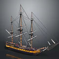Three Mast Sailing Ship Model With Detailed Yellow Blue Hull And Rigging